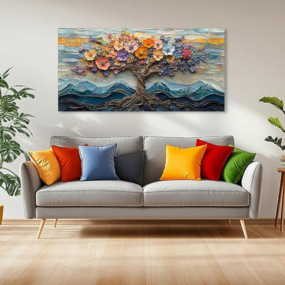 Floral Flower Tree Canvas Wall Art Colorful Tree of Life Painting Prints for Living Room Colorful Abstract Blooming Tree Flower Pictures Wall Décor Bedroom Farmhouse Home Decor Ready to Hang (30x60 Inches)