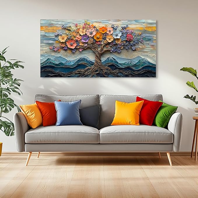 Floral Flower Tree Canvas Wall Art Colorful Tree of Life Painting Prints for Living Room Colorful Abstract Blooming Tree Flower Pictures Wall Décor Bedroom Farmhouse Home Decor Ready to Hang (30x60 Inches)