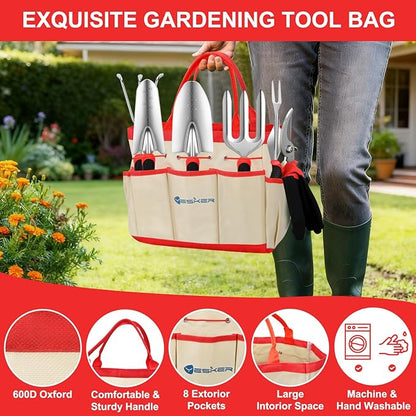 Yesker Gardening Tools 9-Piece Heavy Duty Garden Tool Set Gardening Supplies Gifts for Women Men Gardening Hand Tool Kit with Non-Slip Ergonomic Handle, Garden Bag, Durable Gloves, Spray Bottle, Red