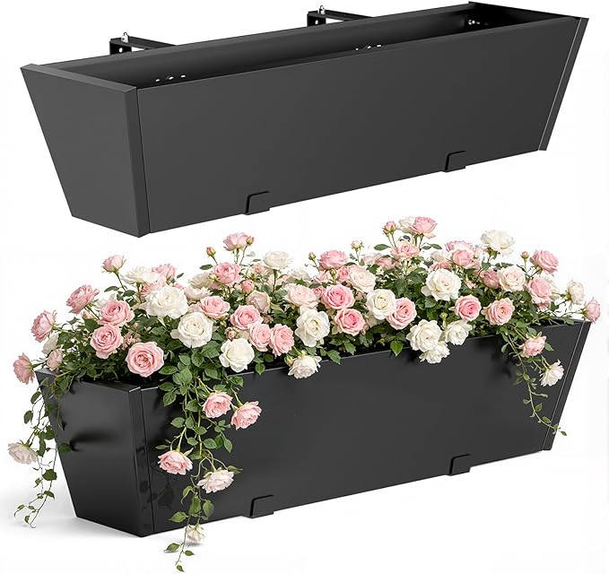 2PC Railing Planter for Outdoor Plants 36 Inch Metal Hanging Planters Pots with Adjustable Brackets and Drainage Railing Planter Boxes Hanging Flower Pots for Balcony Deck Railings Apartment Patio Dec