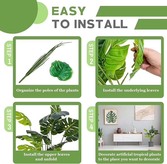 Artificial Palm Tree Leave Plants - 4PCS 28'' Tall Fake Plant Monstera Leaf Indoor Outdoor, Large Faux Floor Plant for Living Room, Bedroom Plants Decor, Bathroom Farmhouse Home House Decor