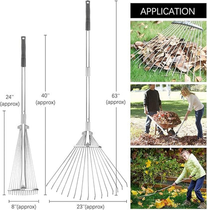 Buyplus Adjustable Garden Leaf Rake - 24 to 63 Inch Telescopic Metal Expandable Folding Leaves Rake, Metal Rakes for Leaves, Yard Rakes for Lawn Yard, Flowers Beds, Sliver