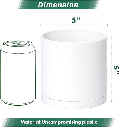 D'vine Dev 2 Pack 5 Inch Modern Plastic Plant Pots, Small Garden Planters for Plant with Drainage Holes and Saucers, White Color, 74-Z-G-1
