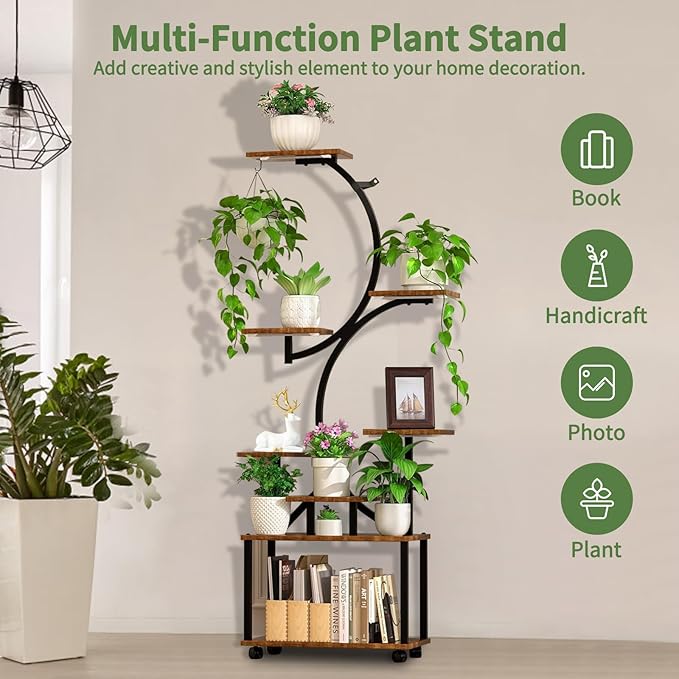 Plant Stand with Grow Light and Wheels, 8-Tiered Tall Plant Stands for Indoor Plants Multiple, Metal Plant Shelf Display Rack Holder, Flower Stand for Indoor Plants, Living Room, Garden, Patio (M)