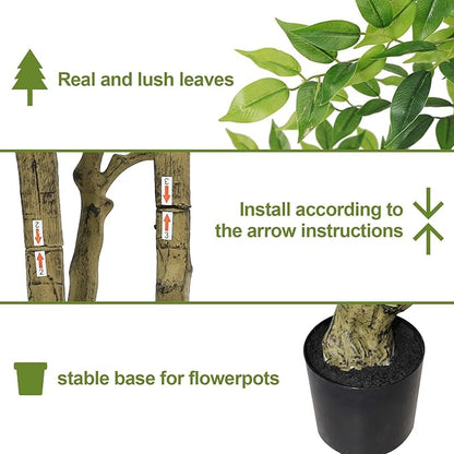 7FT Artificial Ficus Tree with Natural Trunk, 82.7" Tall Fake Banyan Plant with Realistic Green Leaves, No Watering UV Resistant Indoor Outdoor Tree for Home Patio Decor