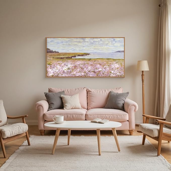 HOURIA Watercolor Pink Floral Coastal Landscape Framed Canvas Wall Art Set,Nature Inspired Wildflower & Meadow Cottage Field Wall Decor,Modern Seaside Beach Artwork for Living Room,Farmhouse-20"x40"x1