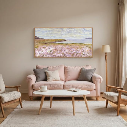 HOURIA Watercolor Pink Floral Coastal Landscape Framed Canvas Wall Art Set,Nature Inspired Wildflower & Meadow Cottage Field Wall Decor,Modern Seaside Beach Artwork for Living Room,Farmhouse-20"x40"x1