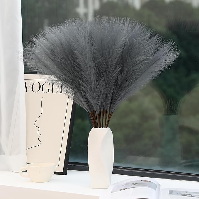 Grey Pampas Grass Decor - 30pcs 24 Inch Long Faux Pampas Grass Decor, Artificial Pampas Feather for Vase Filler, Wedding, Party, Office and Home Decor (Grey)