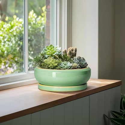 Large Bonsai Pots - 13 Inch Ceramic Succulent Pots for Indoor Outdoor, Ceramic Planter with Drainage Hole and Saucer, Shallow Round Planter, Garden Decor, Gifts for Women Men, Light Green