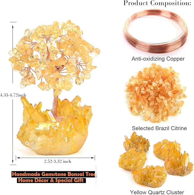 Natural Citrine Crystal Tree with Yellow Titanium Quartz Base,Healing Crystals Chakra Balance Positive Energy Feng Shui Money Bonsai Tree Home Decor for Wealth and Luck