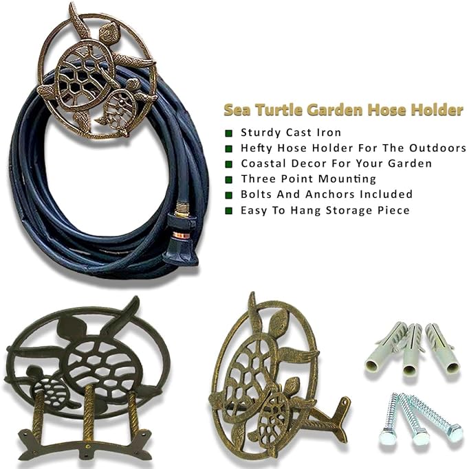 Bronze Sea Turtle Cast Iron Hose Holder: Decorative Wall-Mounted Garden Hose Hanger - Nautical Outdoor Decor Accentuating Your Space with Coastal Elegance