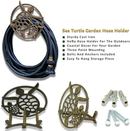 Bronze Sea Turtle Cast Iron Hose Holder: Decorative Wall-Mounted Garden Hose Hanger - Nautical Outdoor Decor Accentuating Your Space with Coastal Elegance