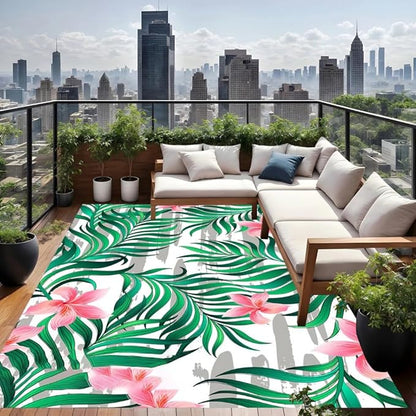 Green Grey Pink Palm Leaves and Flower Print Indoor Outdoor Area Rug 6x9 Machine Washable Waterproof Patio Deck Balcony Porch Outside Rug No Slip Tropical Plants Kitchen Laundry Floor Carpet