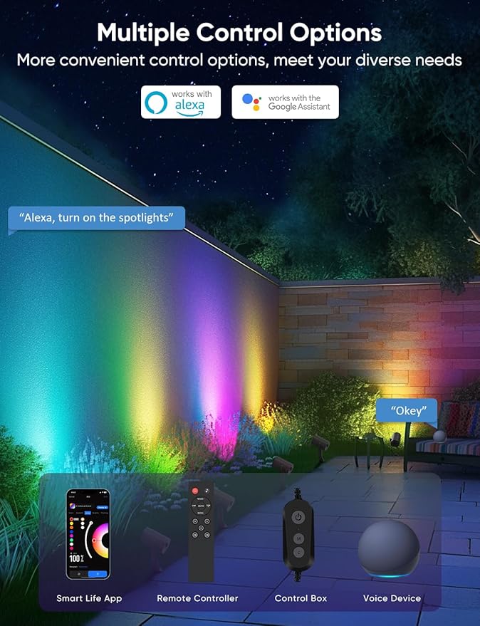 APPECK Smart Outdoor Spot Light 600lm, RGBCW+IC Color Changing Landscape Lights 2 Pack, IP65 Waterproof Low Voltage Landscape Lighting, App/Voice Control for Garden Pathway Yard Christmas Decor