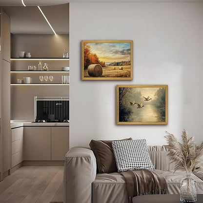 Wood Framed Canvas Landscape Wall Art, Countryside Art Wildlife Nature Pond Wall Decor, Vintage Mallard Duck Oil Paintings Print for Living Room, Bedroom, Office, Rustic Decor 12x16 inch