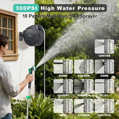 Retractable Garden Hose Reel - 5/8 in x 100 ft Automatic Wall Mount Heavy Duty Automatic Water Hose Reel with 9 Patterns Nozzle, Kink-Resistant Hose, 180° Swivel, Auto-Lock for Outdoor Watering