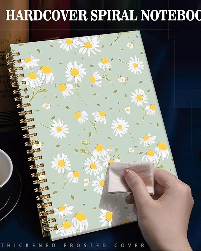 Spiral Journal Notebook,A5 Hardcover Lined Journals for Women Girl 6 x 8.3 in,120 Pages Thick Paper,Cute College Ruled Writing Notebook for Gifts Office Work School(Cute Green Daisy)