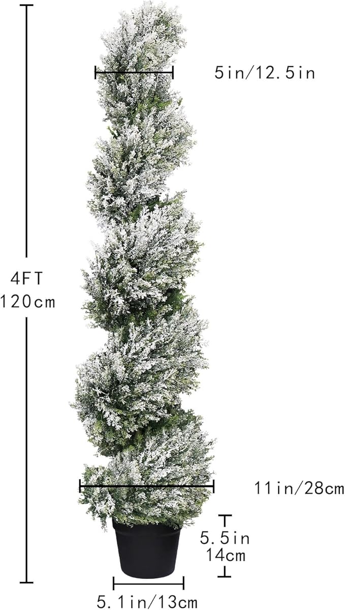 THE BLOOM TIMES 4ft Snow-Flocked Spiral Artificial Topiary Trees Set of 2, 48 inch Faux Cedar Trees for Front Porch Christmas Planter Decor, Fake Plants for Indoor or Covered Outside Display 4 Foot