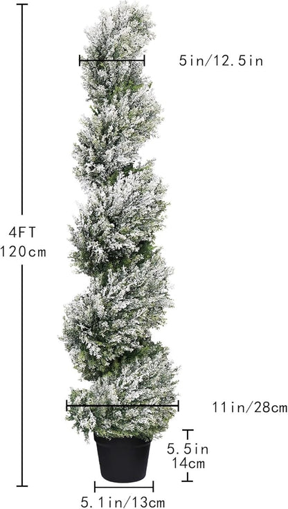 THE BLOOM TIMES 4ft Snow-Flocked Spiral Artificial Topiary Trees Set of 2, 48 inch Faux Cedar Trees for Front Porch Christmas Planter Decor, Fake Plants for Indoor or Covered Outside Display 4 Foot