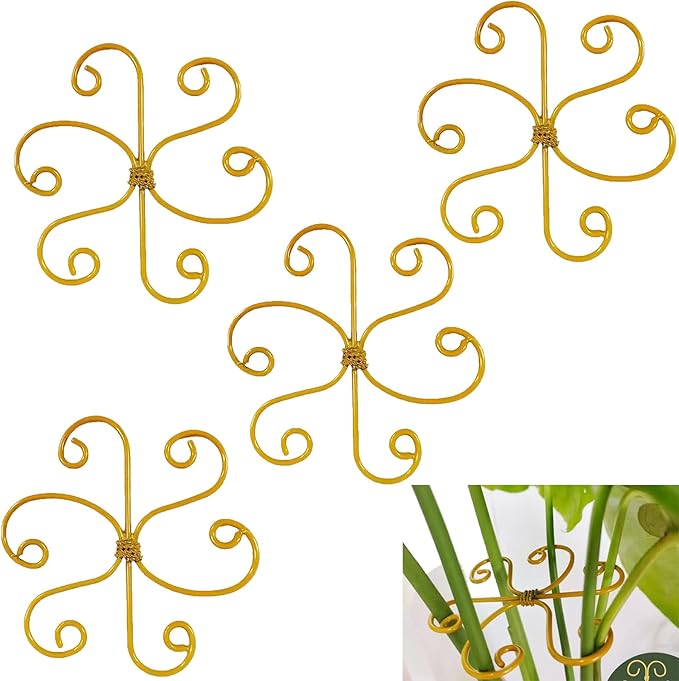 YAPROMO 4PCS Iron Monstera Support Stakes - 4.1IN Indoor Plant Stabilizer Clamps, Prevents Falling for Turtle Shell Bamboo & Houseplants (A)