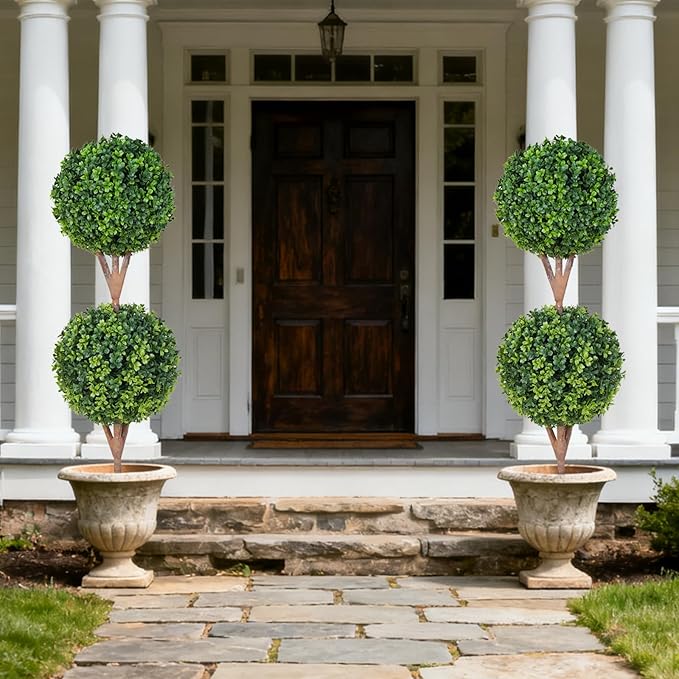 35'' Artificial Double Ball Boxwood Topiary Trees Set of 2, 3ft Faux Topiaries for Indoor and Outdoor Home, Porch, or Garden Decor