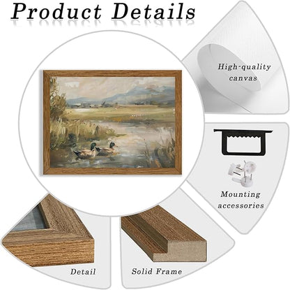 Wojuin Vintage Country Cottage Green Head Duck Wall Art, Scenic Wildlife Pond Nature Wall Decor, Wild Duck Floral Literary Canvas Print Picture for Living Room Bedroom Bathroom Office 8x10 in