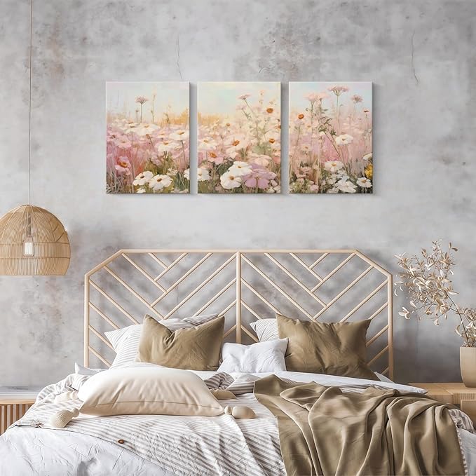 Framed Pink Wildflowers Canvas Wall Art Colorful Floral Poster Picture Vintage Country Painting Nature Landscape Modern Home Print Living Room Gallery Office Ready to Hang 16x24 Inch x3