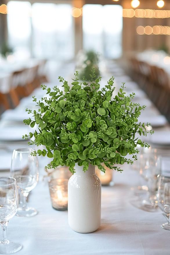Artificial 5Pcs Faux Eucalyptus Leaves Stems Fake Plants Sharp UV Resistant Faux Plastic Boxwood for Wedding Kitchen Office Garden Porch Farmhouse Window Box Home Decor