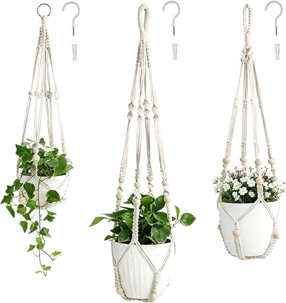 3 Pack Macrame Plant Hanger Indoor Hanging Planter Basket with Wood Beads Decorative 3 Hooks and Expansion Tube for Boho Home Decor Outdoor Different Size 23"/29"/35"