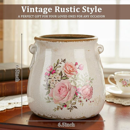 Ceramic Scroll Planter 6.5 Inch Chinoiserie Floral Vase with Drainage Holes Vintage Flower Vase Flower Pot Rustic Ceramic Pots for Indoor Plants Garden Home Bookshelf Decor(Ink Color)