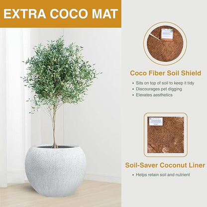 16" H x 20" D Ribbed Globo Fiberstone Round Planter with Drainage Hole, Weather Resistant for Indoor and Outdoor Use, Included 2 Extra Coco Mats (Speckled White, 13.5" Pot Opening)