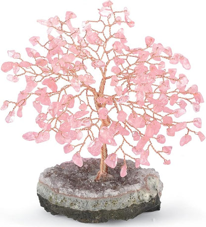Natural Rose Quartz Gemstone Crystal Tree of Life, Amethyst Cluster Base,Feng Shui Decor Bonsai Money Tree,Healing Crystal Positive Energy Gift Size 5.5-6.3 Inches