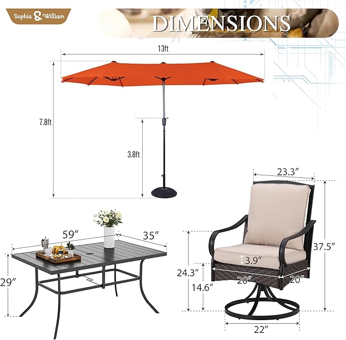 Sophia & William Patio Table and Chairs Set with Umbrella 8 Piece Outdoor Dining Set for 6 with 13ft Double-Sided Patio Red Umbrella, 6 x Swivel Patio Chairs, 1 Metal Table for Lawn Garden