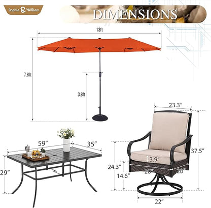 Sophia & William Patio Table and Chairs Set with Umbrella 8 Piece Outdoor Dining Set for 6 with 13ft Double-Sided Patio Red Umbrella, 6 x Swivel Patio Chairs, 1 Metal Table for Lawn Garden