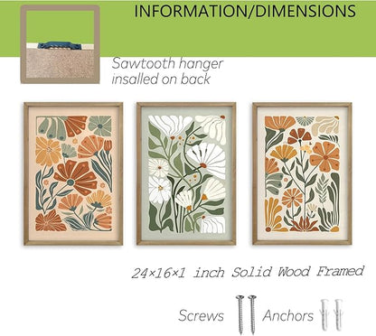 Wildflower Floral Green Botanical Wall Art Print 16"x24" Set of 3 flower Illustrations Minimalist Modern Boho Sign Wood Framed for Living Room Bedroom Office Abstract Wall Hang Decor (Wood)