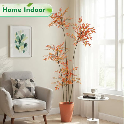 Giegxin 6ft Faux Bamboo Tree Indoor Artificial Nandina Tree Realistic Large Fake Plants Potted Planter Tall Foliage Floor Plant for Home Office Corner Room Decor Greenery Housewarming Gift (Red)