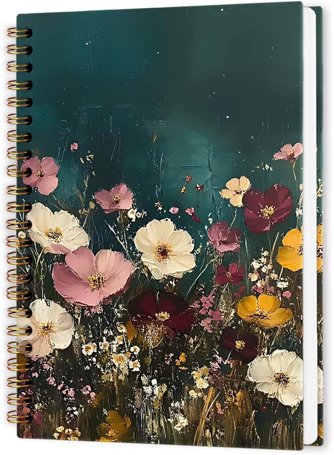 nvucamd Vintage Floral Spiral Notebook, Dark Green Cottagecore Wildflower Botanical Journal Notebook, Retro Moody Flower Journaling Notebooks for Women, Floral Gifts Office Supplies, 5.5x8.3 Inch