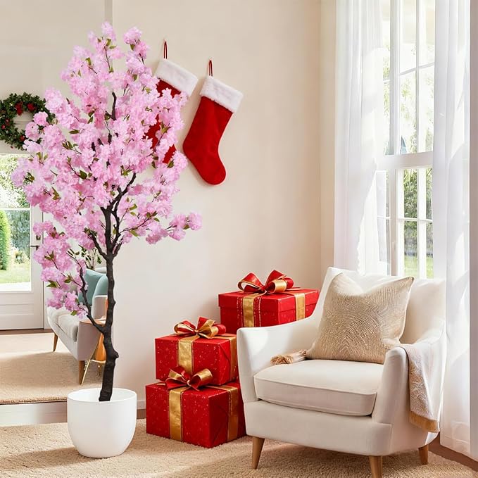 Artificial Pink Cherry Blossom Tree 7 FT Faux Flowering Trees Fake Cherry Blossom Decorative Tree Indoor for Christmas New Year Home Decor