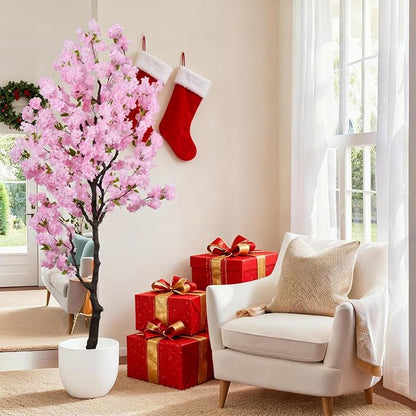 Artificial Pink Cherry Blossom Tree 7 FT Faux Flowering Trees Fake Cherry Blossom Decorative Tree Indoor for Christmas New Year Home Decor