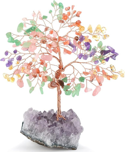 Gemstone Crystal Treeof Life,Chakra Tree Multi Stone Amethyst Cluster Base,Feng Shui Home Decor Bonsai Money Tree,Positive Energy Healing Crystals,Spriture Gift,Size 5.5"-6.3"