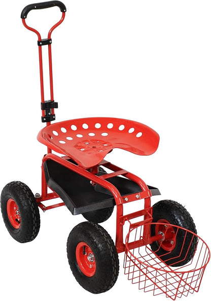 Sunnydaze Garden Cart with Wheels - Garden Stool on Wheels - Rolling Gardening Seat with Extendable Handle - Swivel Seat - Red