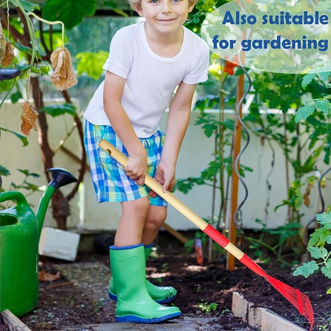 Kids Leaf Rake -Small Wooden Handle Leaf Rake with Metal Tines, 27inches /69cm Length, for Kids Enjoy Garden Cleaning Activities, 4 Pack
