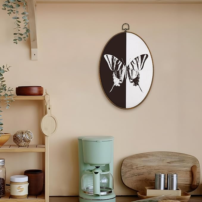 LKETW Butterfly Oval Wall Art Decor, Modern Black and White Butterfly Oval Canvas Hanging Decor, Moth Wall Decorations for Home Bedroom Living Room, 8.6x11.4 Inch