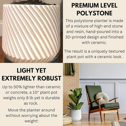 Fox & Fern 10 Inch Plant Pot with Drainage Plug — Premium Polystone White Plant Pot; Modern Planter with 3D Texture and Ceramic Finish; 10 Inch Pots for Plants Indoor & Outdoor