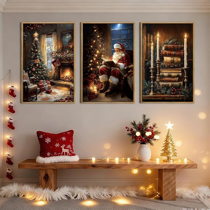 Christmas Wall Art 16x24 Inches Vintage Santa Claus Paintings Framed Christmas Winter Holiday Artwork Set of 3 for Living Room Bedroom