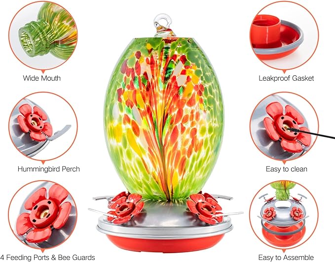 Muse Garden Glass Humming Bird Feeders for Outdoors - 27OZ Blown Glass Hummingbird Feeder - Unique Gift for Mom Women Grandparents, Outdoors Hanging Garden Decor, Ant Moat & Brush, Green Floral