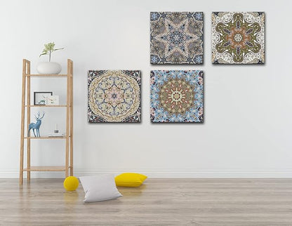 dgbtcart Bathroom Decor Mandala Wall Art, Boho Artwork Floral Pictures Painting Prints for Living Room Decoration - 12”x12”x4 Panel