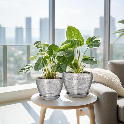 Ceramic Planters - 10 Inch 8 Inch 6 Inch Plant Pots Indoor with Drainage Holes and Saucer Mid-Century Large Planters Outdoor Flower Pots for Home Decor Set of 3 Silver