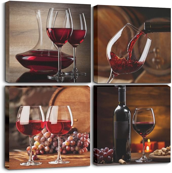 4 Pcs Red Wine Canvas Wall Art Framed Modern Red Wine Goblets Art Posters Retro Pictures Wall Decor Vintage Glass Cups Canvas Decoration Artwork for Walls Home Dining Salon Bar