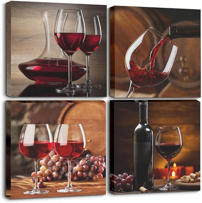 4 Pcs Red Wine Canvas Wall Art Framed Modern Red Wine Goblets Art Posters Retro Pictures Wall Decor Vintage Glass Cups Canvas Decoration Artwork for Walls Home Dining Salon Bar